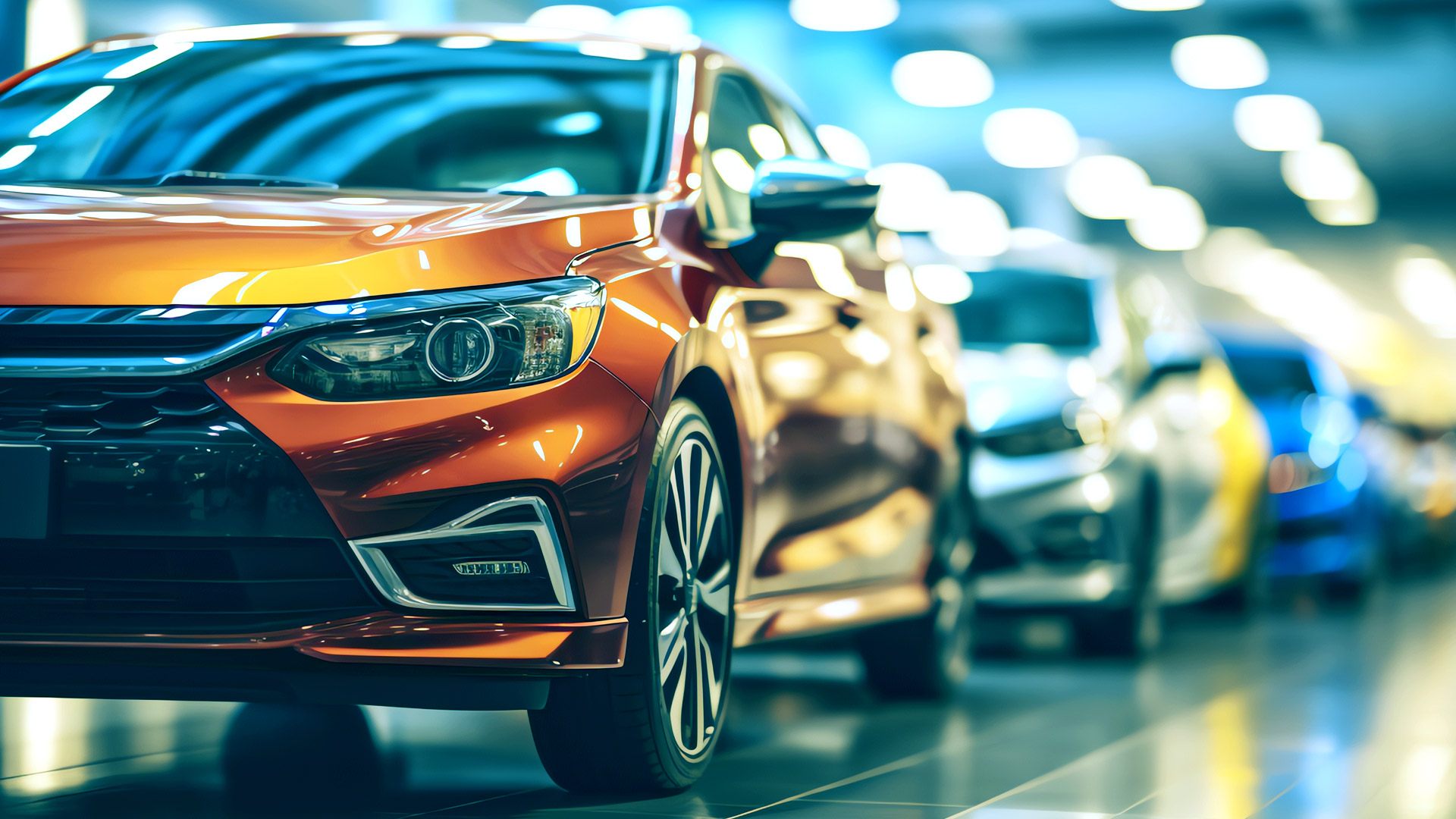 Line of newly manufactured cars